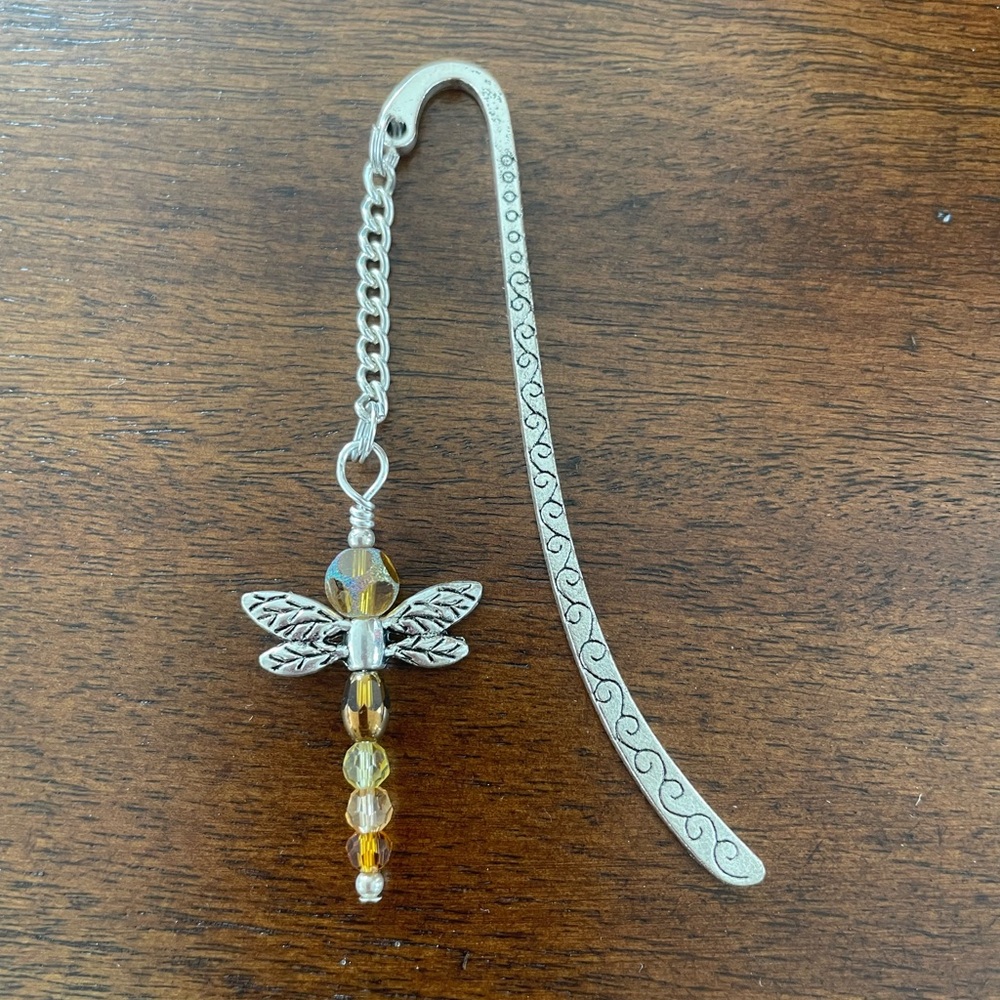 Handmade Brown Bead mix Dragonfly Bookmark with Silver Tone Hook - ideal Gift